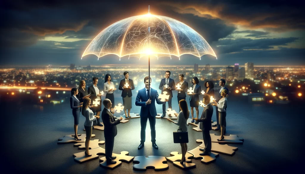In-a-visually-compelling-photograph-style-image-depict-a-central-figure-an-insurance-agent-in-the-foreground-holding-a-glowing-translucent-umbrella
