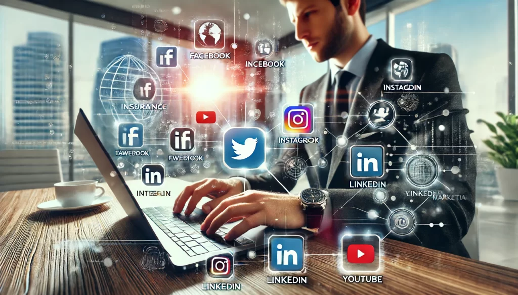 A wide-angle image featuring an insurance agent working on a laptop, surrounded by social media icons such as Facebook, Twitter, Instagram and LinkedIn