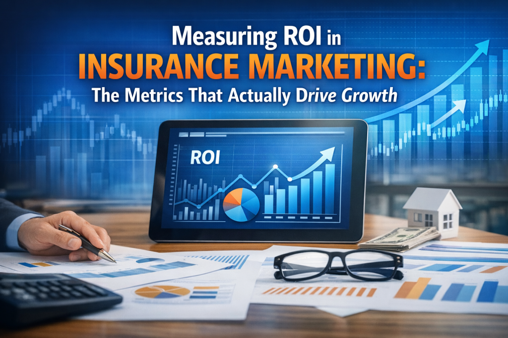 Wide banner image showing insurance marketing ROI analytics on a tablet screen with charts, financial reports, a calculator, glasses, and a small house model, with the article title overlaid: Measuring ROI in Insurance Marketing: The Metrics That Actually Drive Growth.