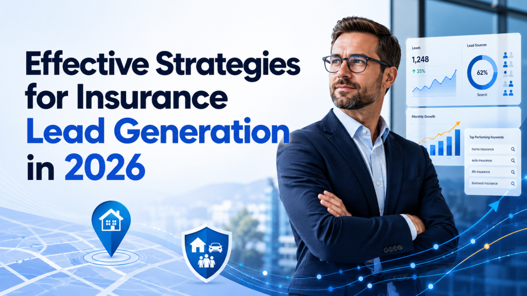 Businessman in a navy suit stands beside blue analytics dashboards about insurance lead generation for 2026.